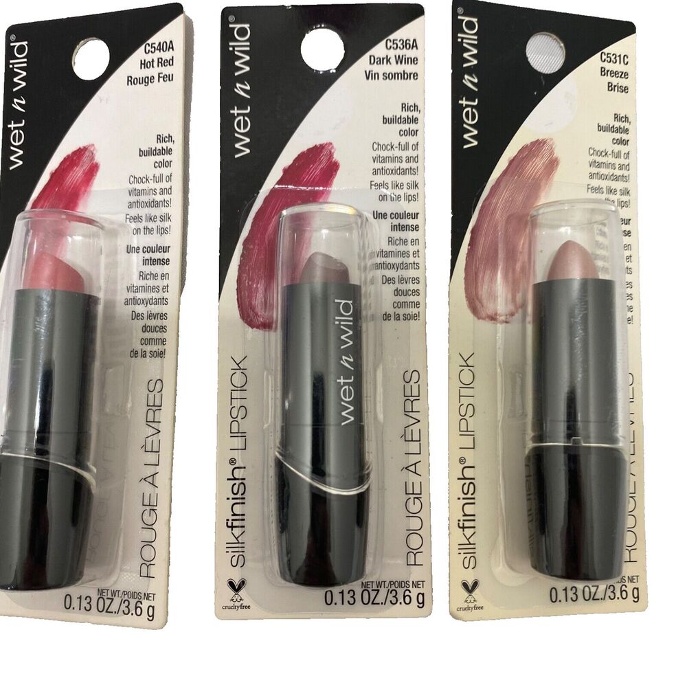 Wet N Wild Silkfinish Lipstick Lot Hot Red Dark Wine and Breeze Brise 3 Pc Lot